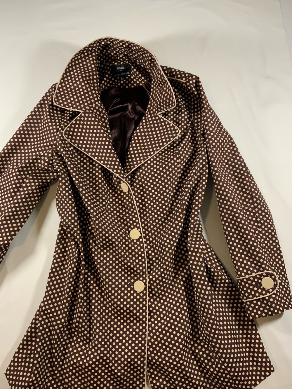 dennis basso Brown Polka Dot Trench Coat with Cream Piping